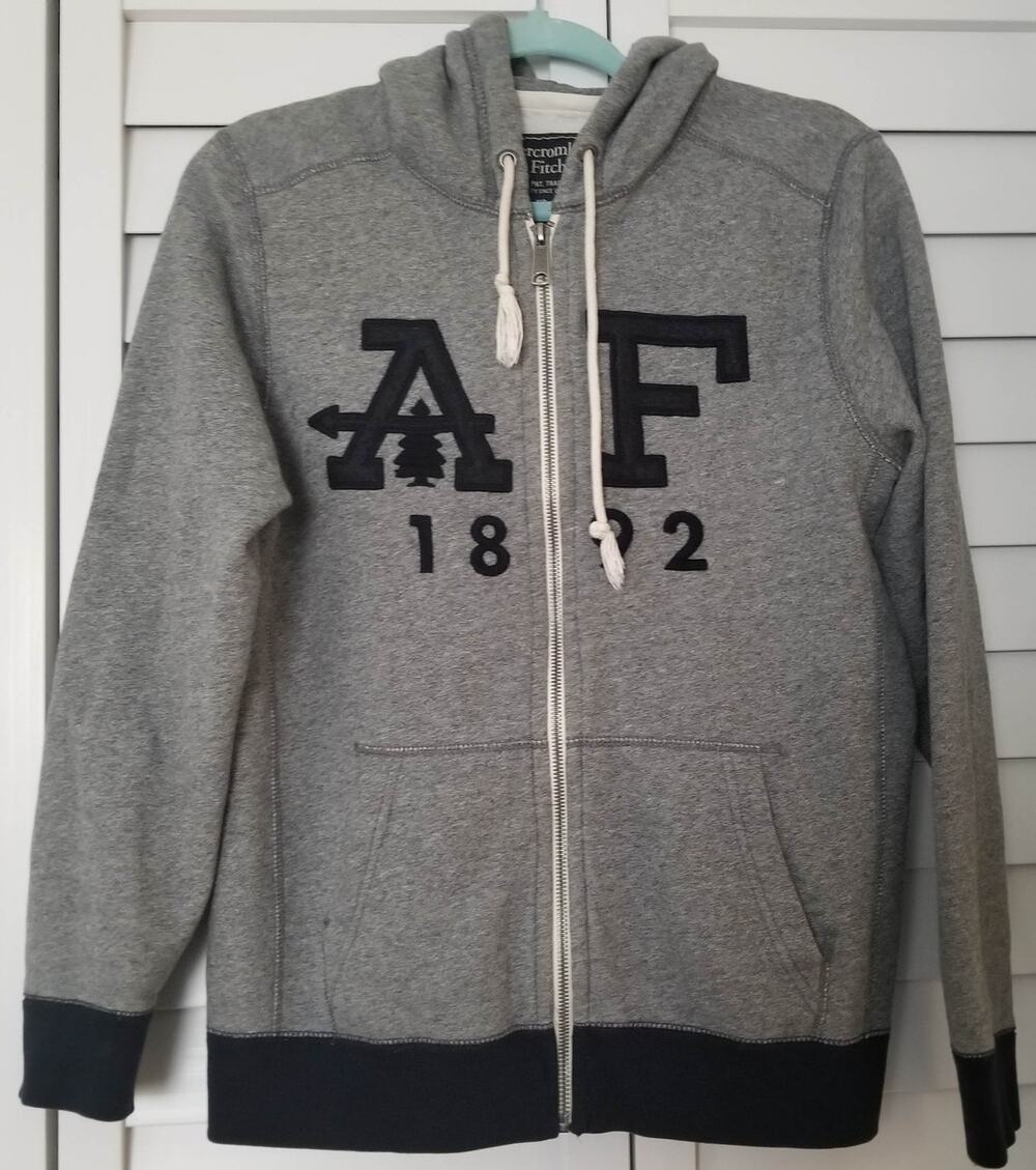Adult XS Abercrombie AF Full Zip Hooded Sweatshirt Gray & Blue Kangaroo Pockets